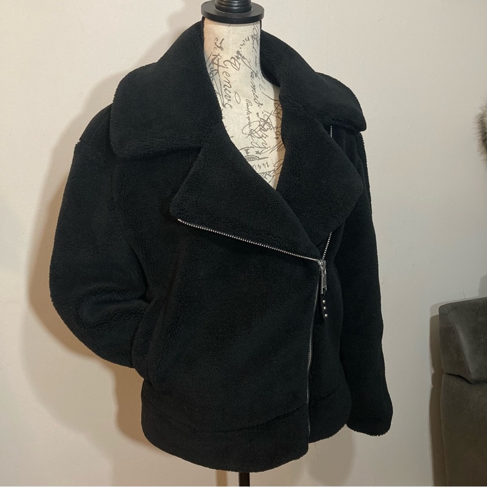 Rebecca Minkoff Brutus Black Sherpa Moto Style Coat Collared Jacket NWT